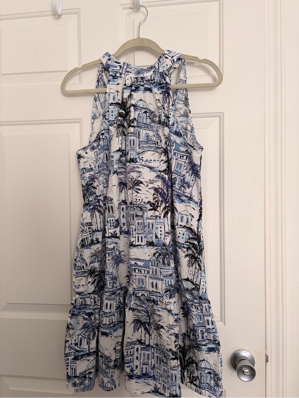 Calypso Blue and White Tropical Print Halter Dress